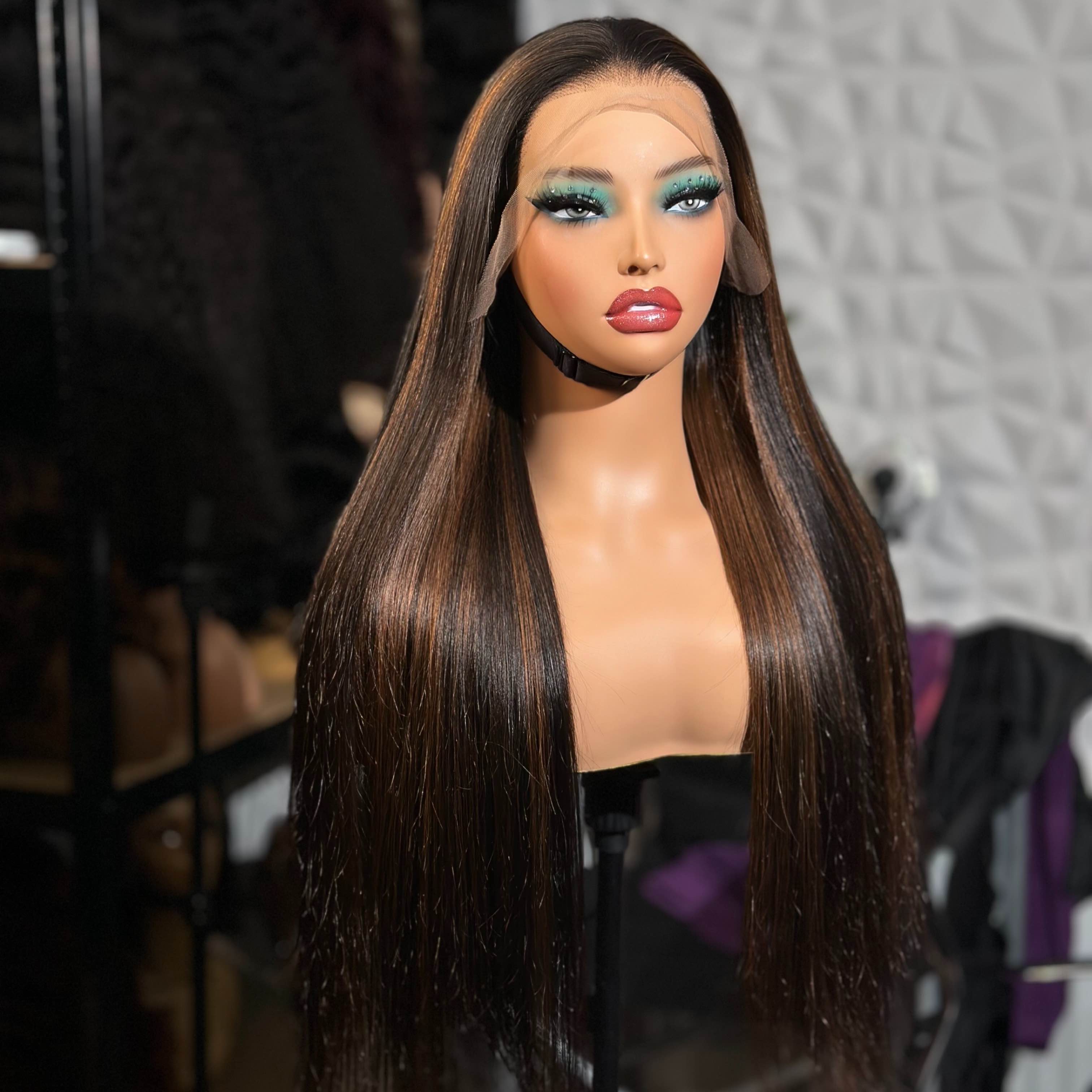 26”  brown  and black highlight bone straight wig
