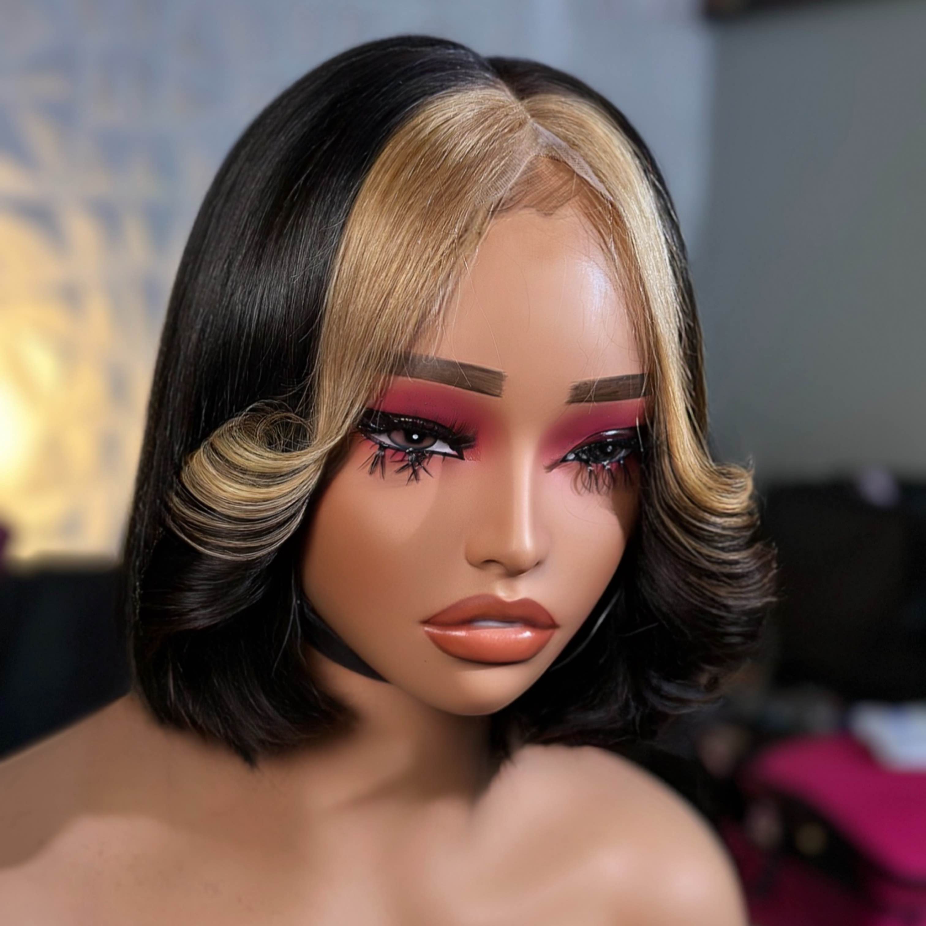 8” black with gold highlight bob wig2