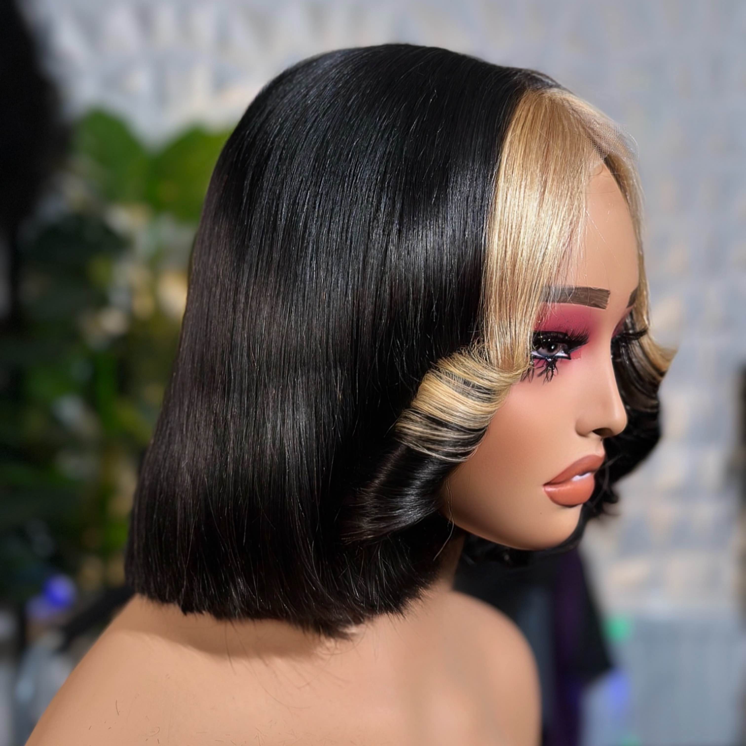 8” black with gold highlight bob wig2